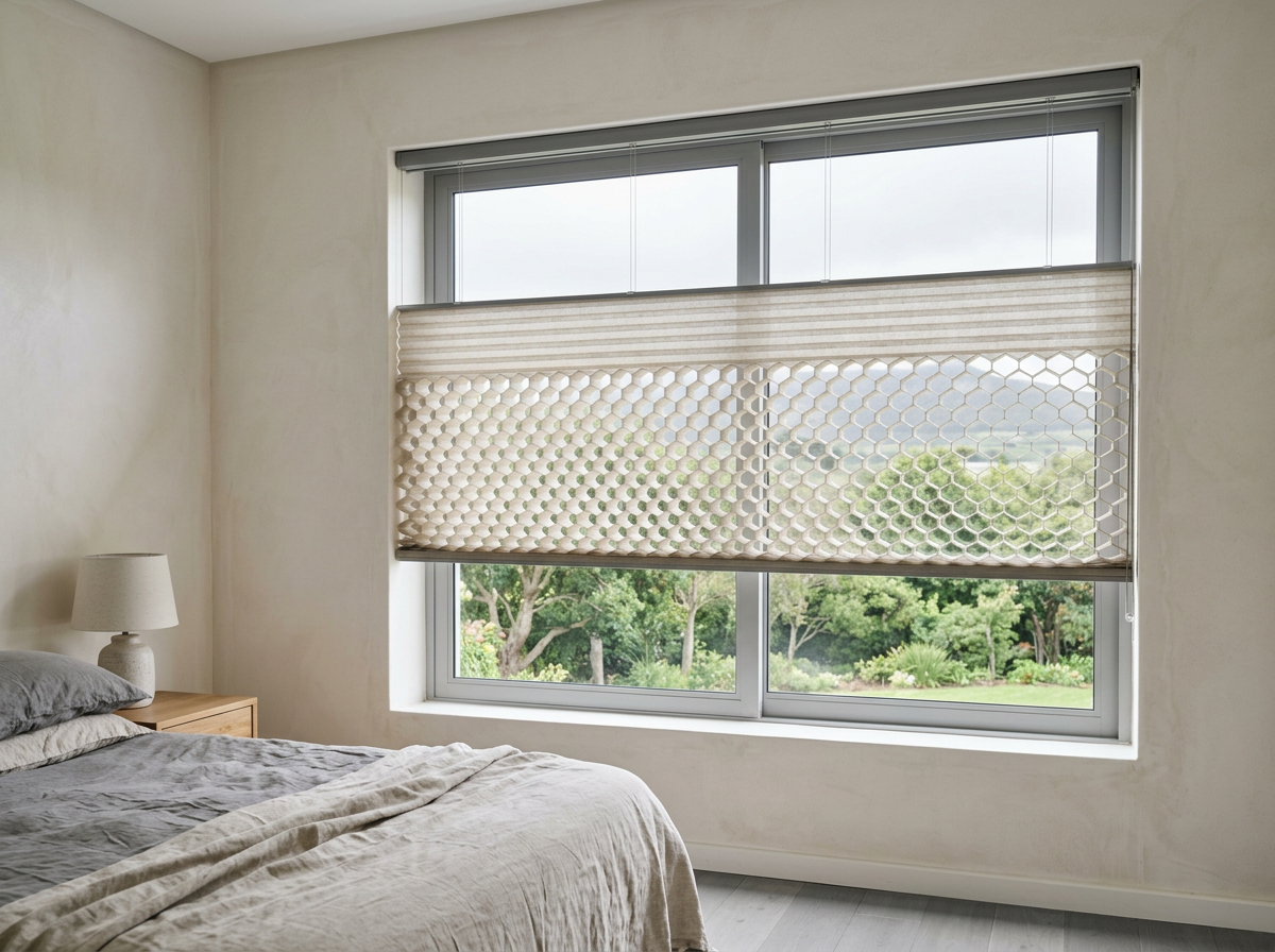 A cellular honeycomb blind lowered over a bedroom window in a Durbanville Hills home, the pleated hexagonal air-cell structure clearly visible, soft diffused Cape winter light coming through