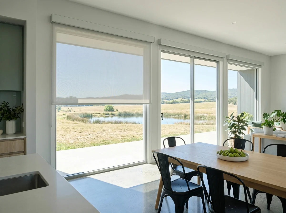 Dining end of a new Clara Anna Fontein estate home, a pale sunscreen roller blind half-lowered over glazing that looks across grassland to the dam