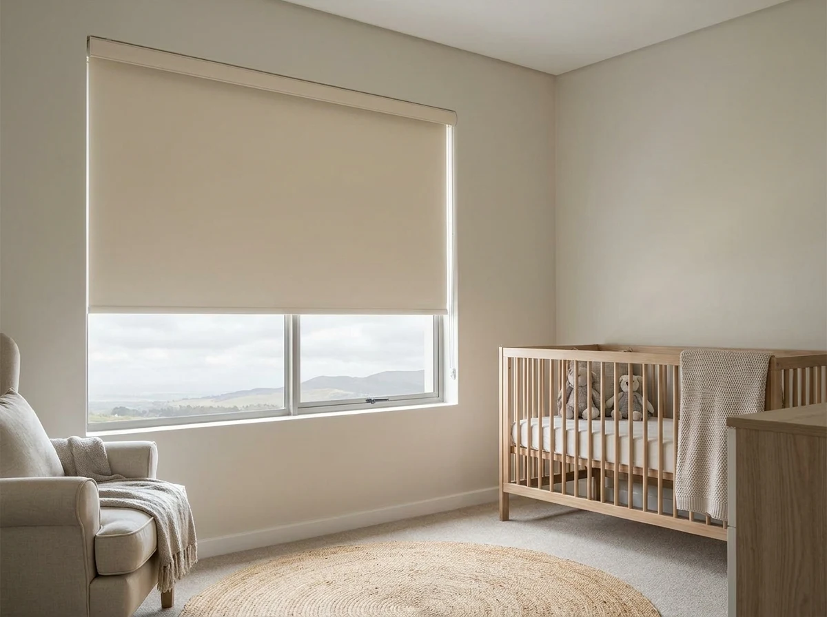 Nursery bedroom in a Durbanville Hills new-build estate home with a blockout roller blind fitted over a hill-view window